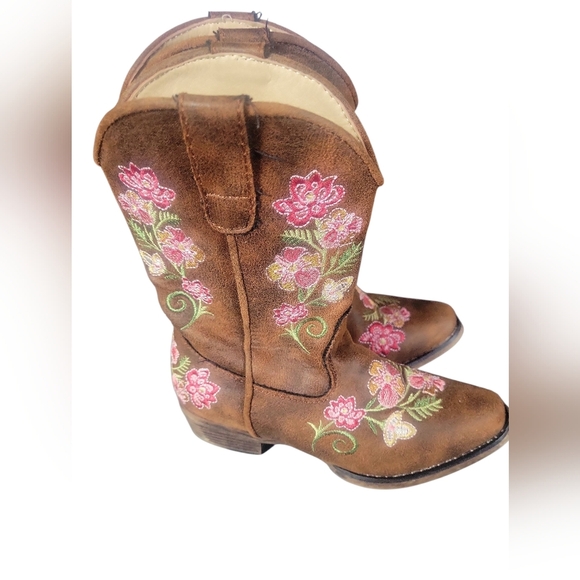 Roper Girls' Brown Floral Faux Leather Embroidery Snip Toe Cowboy Boots Sz 11 - Picture 7 of 8